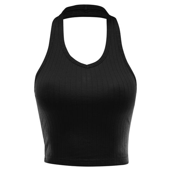 FashionMille Women's Regular Fit Sleeveless Ribbed Halter Crop Top