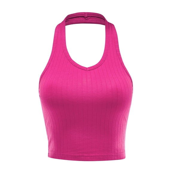 FashionMille Women's Regular Fit Sleeveless Ribbed Halter Crop Top