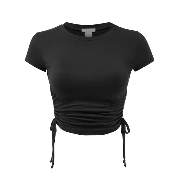 FashionMille Women's Ruched Side Shierred String Trim Short Sleeve Soft Crop Top - Made in USA