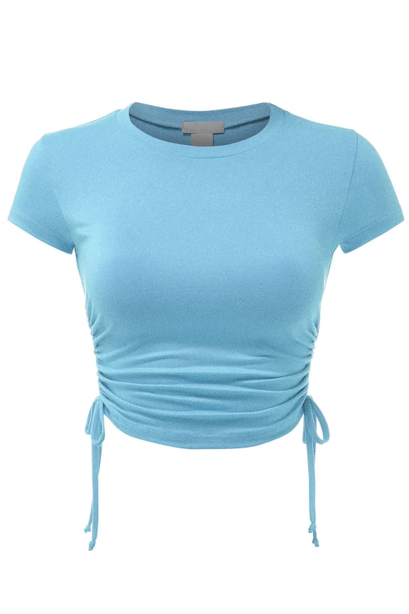 Women's Ruched Side Shierred String Trim Short Sleeve Soft Crop Top - Made in USA