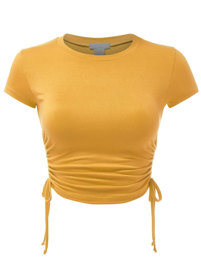 Ricchier 新品PATCH WAYLANDCROPPED FashionMille Women's Ruched Side Shierred String Trim Short Sleeve