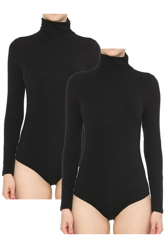 Women's Shirred High Mock turtle Neck Long Sleeve Stretchy Jersey Leotard Top Bodysuit-FWT1302-2PK-BLACK/BLACK-M