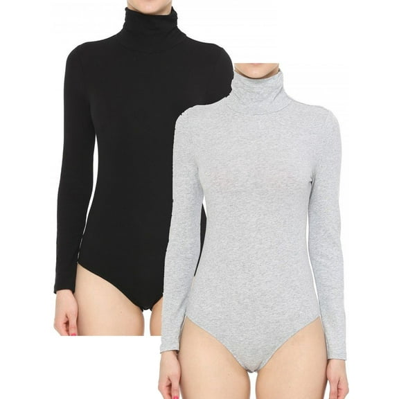 FashionMille Women's Shirred High Mock turtle Neck Long Sleeve Stretchy Jersey Leotard Top Bodysuit-FWT1302-2PK-BLACK/HGREY-S