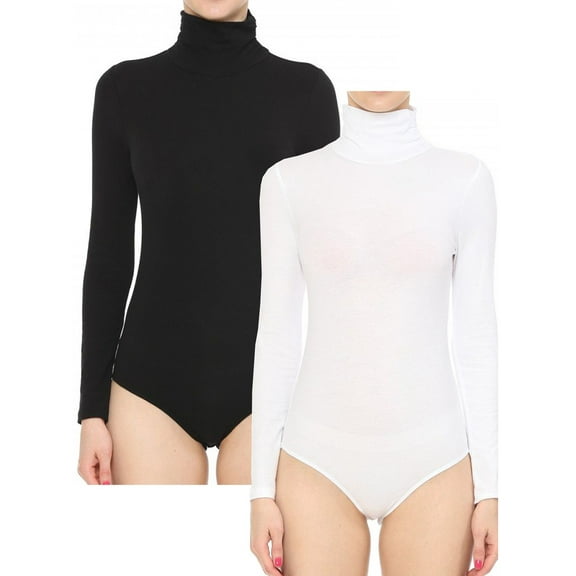 FashionMille Women's Shirred High Mock turtle Neck Long Sleeve Stretchy Jersey Leotard Top Bodysuit-FWT1302-2PK-BLACK/WHITE-L