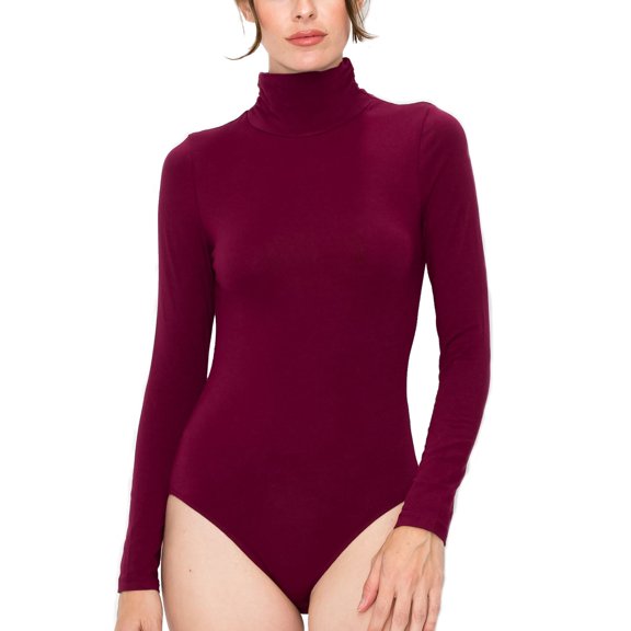 FashionMille Women's Shirred High Mock turtle Neck Long Sleeve Stretchy Jersey Leotard Top Bodysuit-FWT1302-BURGUNDY-S