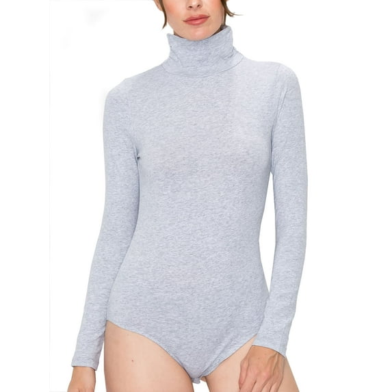 FashionMille Women's Shirred High Mock turtle Neck Long Sleeve Stretchy Jersey Leotard Top Bodysuit-FWT1302-HGREY-S