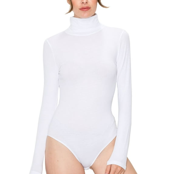 FashionMille Women's Shirred High Mock turtle Neck Long Sleeve Stretchy Jersey Leotard Top Bodysuit-FWT1302-WHITE-M