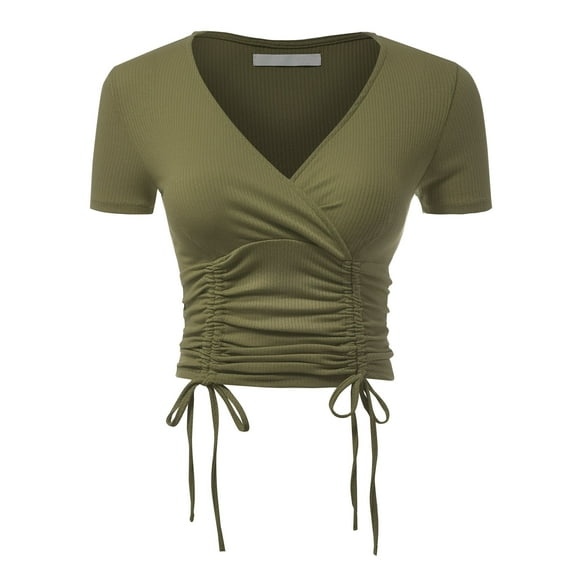 FashionMille Women's Short Sleeve V Neck Ribbed Sexy Front Shirred Crop Top Tee