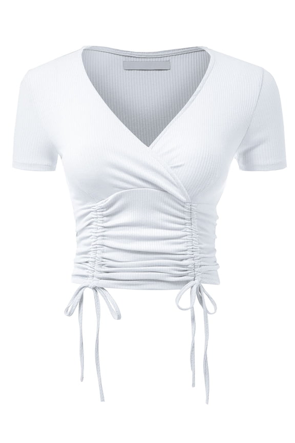 Women's Short Sleeve V Neck Ribbed Sexy Front Shirred Crop Top Tee
