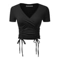 thumbnail image 1 of FashionMille Women's Short Sleeve V Neck Ribbed Sexy Front Shirred Crop Top Tee, 1 of 5