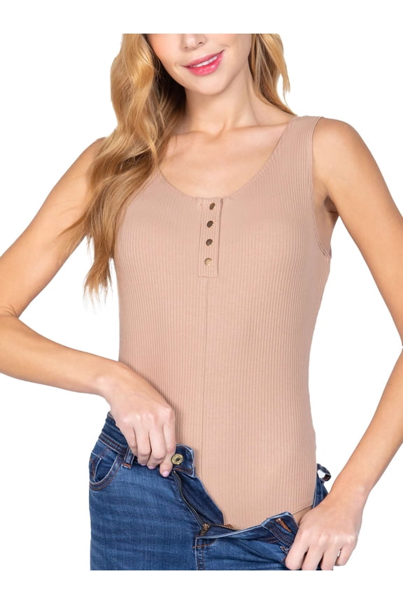 Women's Sleeveless Henley Rib Buttoned Bodysuit Top Shirts