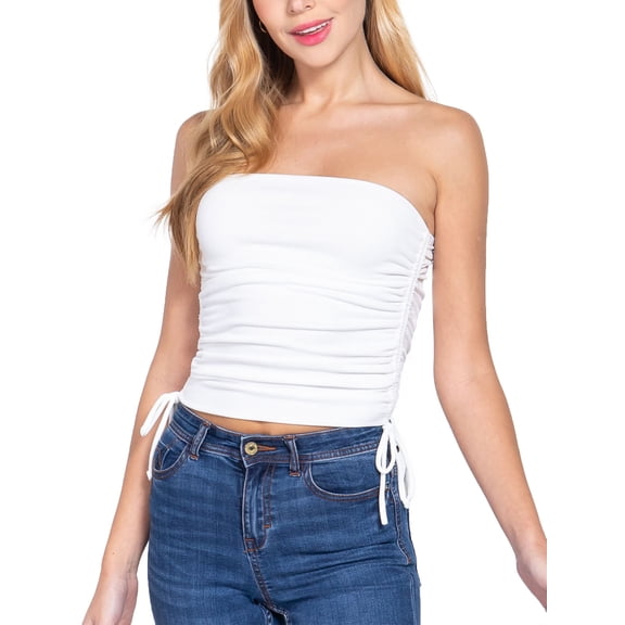 FashionMille Women's Slim Fit Off Shoulder Side Ruched Detail Rib Jersey Knit Crop Tube Top