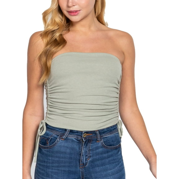 FashionMille Women's Slim Fit Off Shoulder Side Ruched Detail Rib Jersey Knit Crop Tube Top