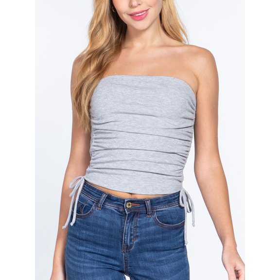 FashionMille Women's Slim Fit Off Shoulder Side Ruched Detail Rib Jersey Knit Crop Tube Top