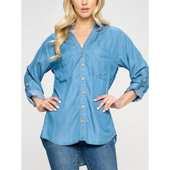 FashionMille Women's Soft V-neck Tencel Button Down Chambray Blouse Utility Shirts