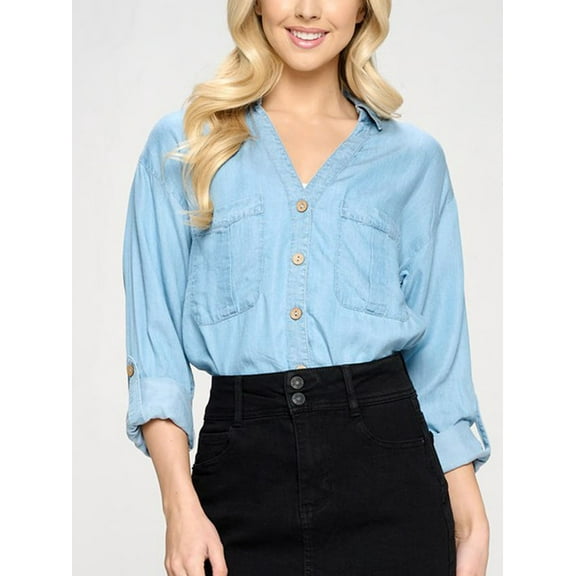 FashionMille Women's Soft V-neck Tencel Button Down Chambray Blouse Utility Shirts