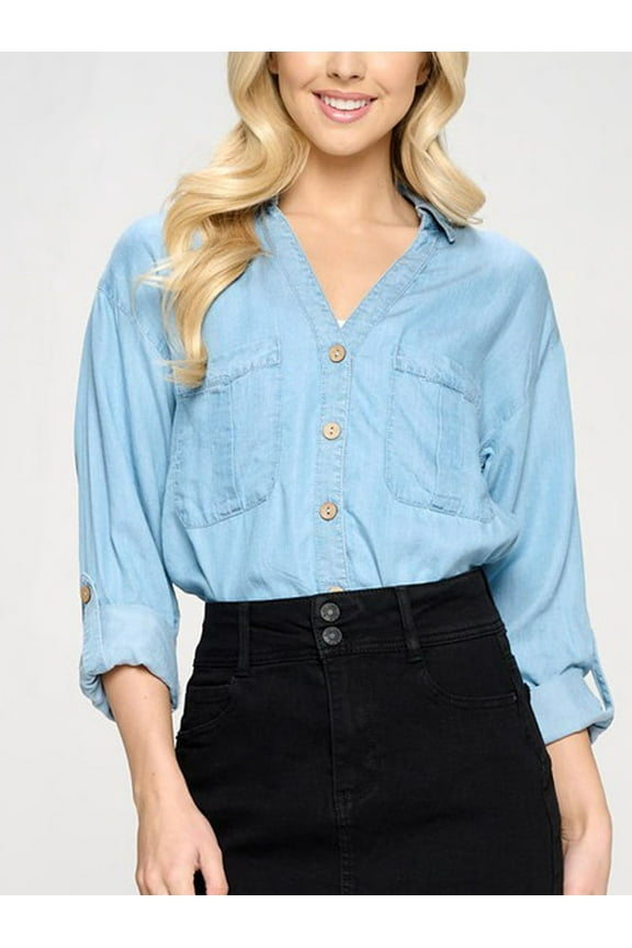 Women's Soft V-neck Tencel Button Down Chambray Blouse Utility Shirts