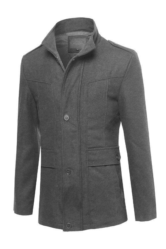 Men's Classic Zipper & Button Closure Shoulder Boards Wool Blend Coat