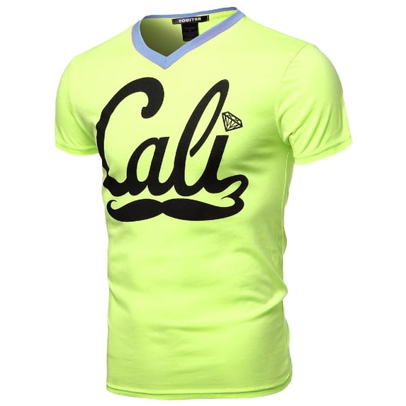 FashionOutfit Men's Neon Color Contrast Cali Moustache Printed Short Sleeve Tops