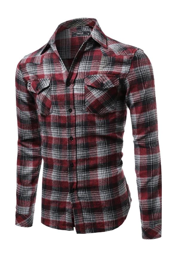 Men's Scotch Plaid Flannel Long Sleeve Button Down Shirt