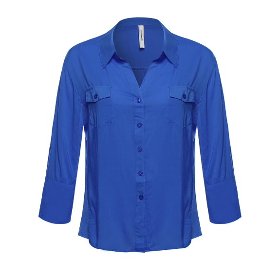 FashionOutfit Women's Basic Button Down Blouse w/ Ribbed Sides