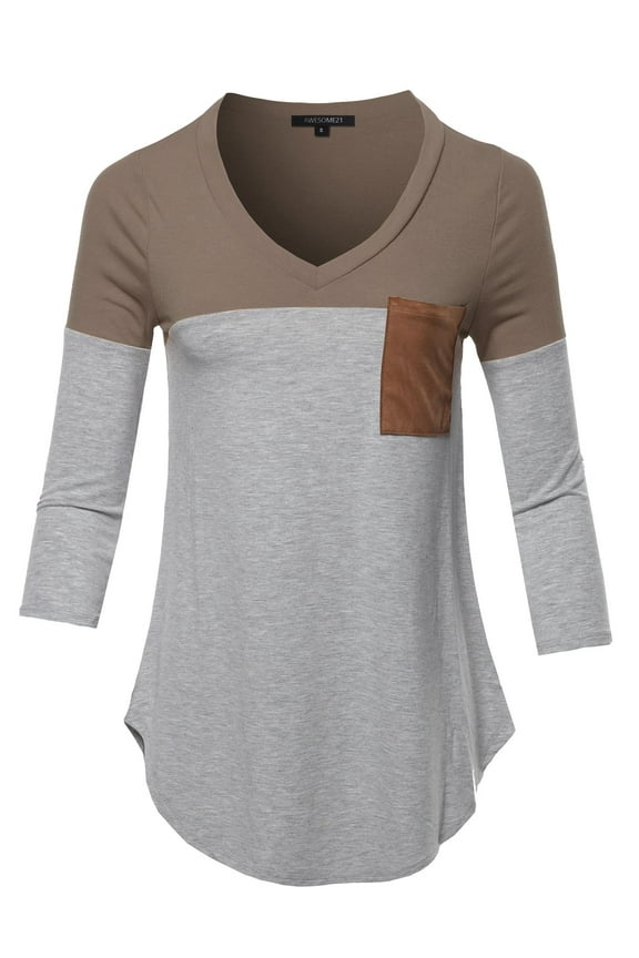 Women's Basic Color Block Suede Pocket Top