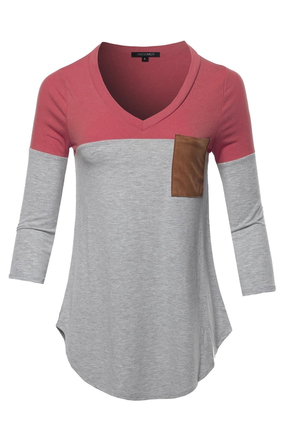 Women's Basic Color Block Suede Pocket Top