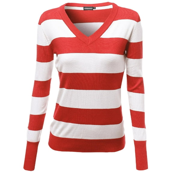 FashionOutfit Women's Basic Cotton Based V-Neck Stripe Long Sleeves Knit Sweatshirt