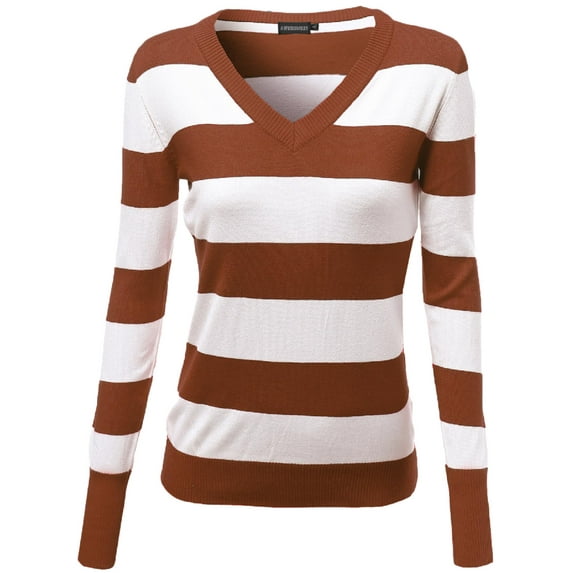 FashionOutfit Women's Basic Cotton Based V-Neck Stripe Long Sleeves Knit Sweatshirt
