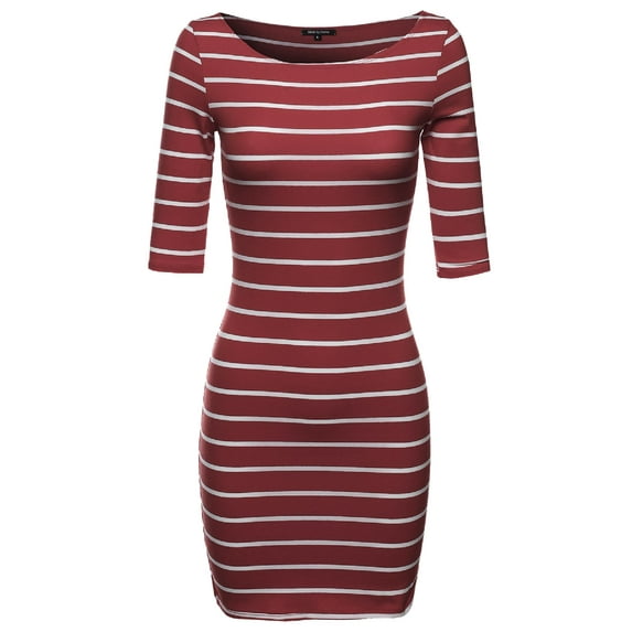 FashionOutfit Women's Basic Every Day Boat Neck Stripe 3/4 Sleeve Dress