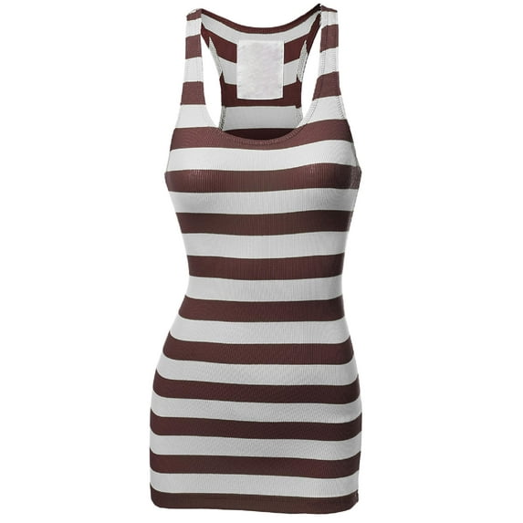 FashionOutfit Women's Basic Sleeveless Ribbed Racer-Back Wide Stripe Tight Fit Tank Top