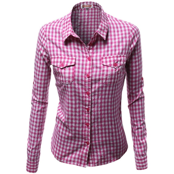 FashionOutfit Women's Basic Slim Fit Roll Up Sleeve Plaid Shirt Blouses