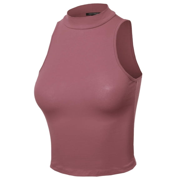 FashionOutfit Women's Basic Solid Sleeveless Mock Neck Short Tank Top