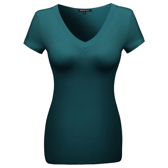 FashionOutfit Women's Basic Solid Vneck Various Color Short Sleeve