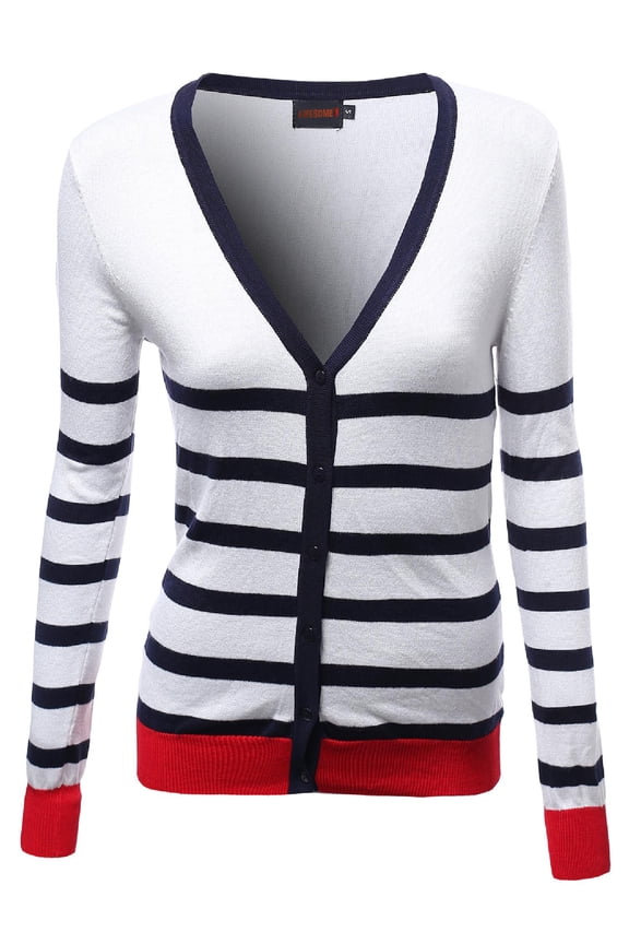 Women's Basic Stripe Color Contrast V Neck Cardigans