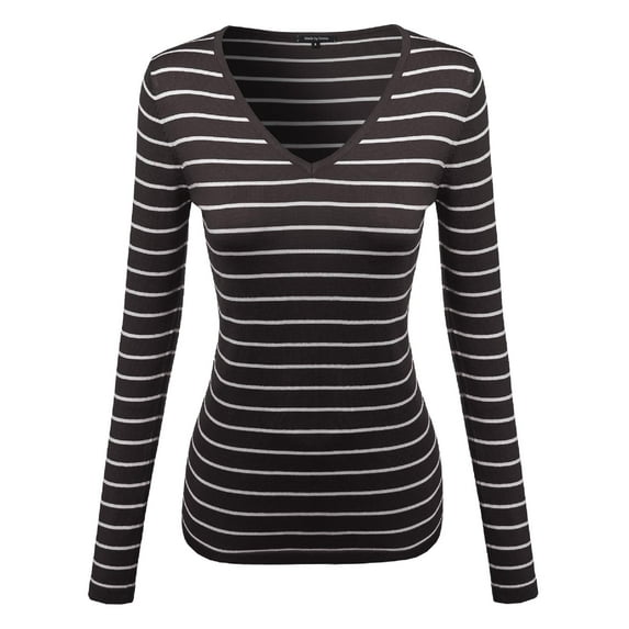 FashionOutfit Women's Basic V-neck Stripe Sweater Various Color Tops