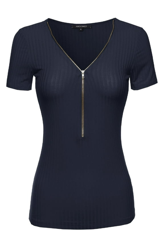 Women's Cap Sleeve Ribbed Tee With Center Zipper