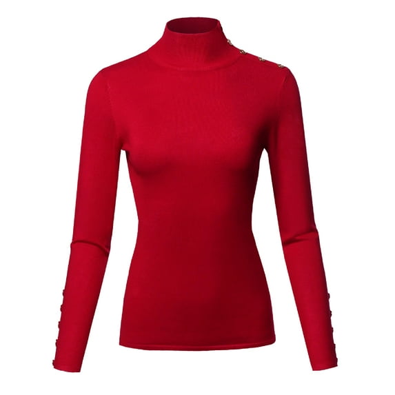 FashionOutfit Women's Casual Basic Gold Button Detail Soft Long Sleeve Mock Neck Knit Sweater