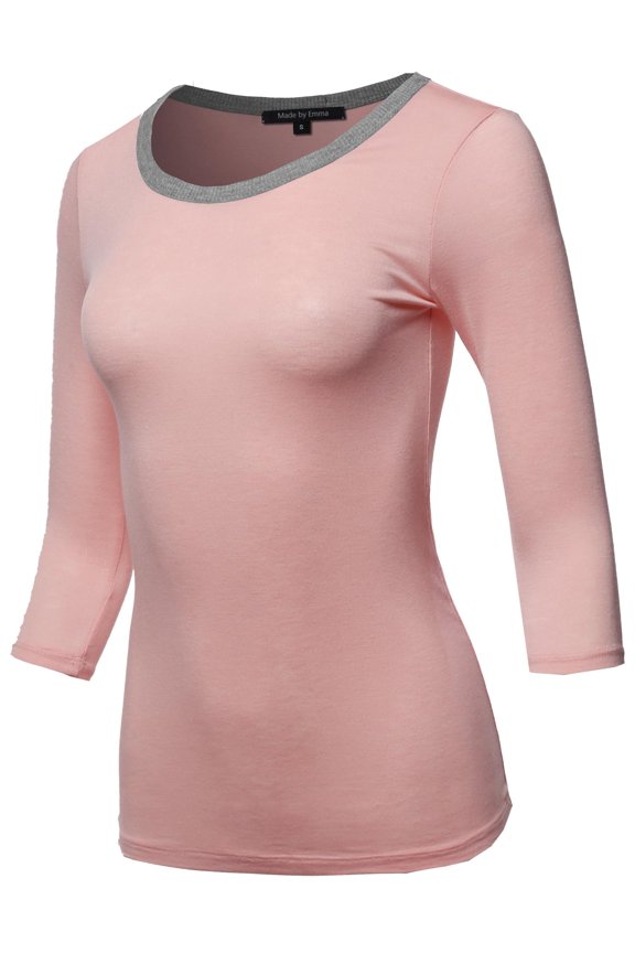 Women's Casual Comfortable Soft Stretch Contrast Binding 3/4 sleeve Crew Neck Top