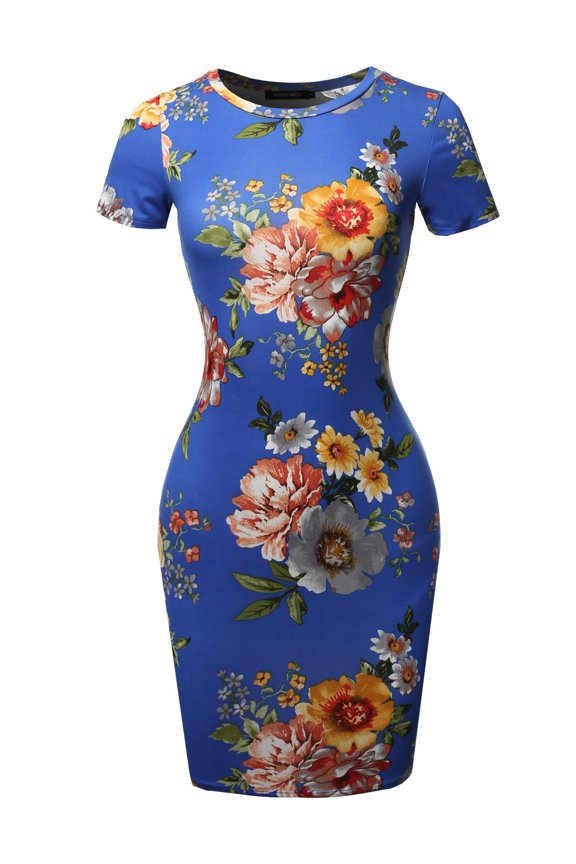 Women's Casual Crew Neck Printed Sexy Stretchy Body-con Fitted Mini Dress - Made In USA