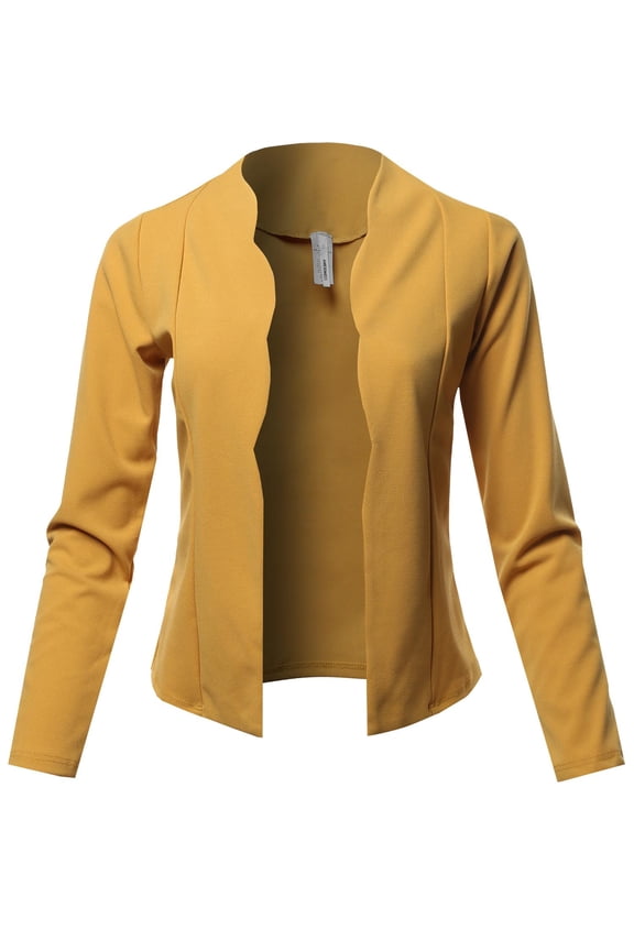 Women's Casual Cropped Fitted Blazer With Open Front Closure And Scalloped Detail