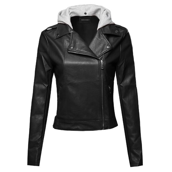 FashionOutfit Women's Casual Detached Hood Zipper Closure Notched Collar Leather Jacket