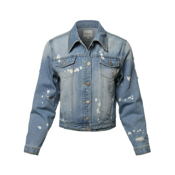 FashionOutfit Women's Casual Distressed Bleach Spot Chest Two pockets Denim Jacket