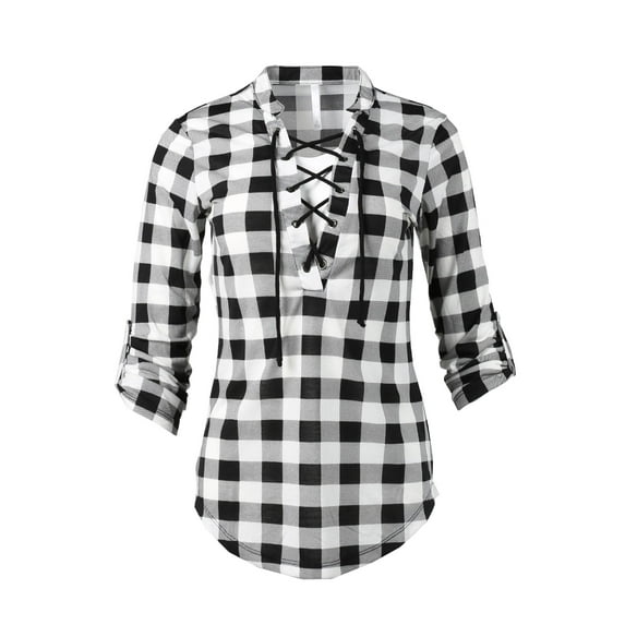 FashionOutfit Women's Casual Lace Up V-Neckline Rolled Up Sleeve Plaid Top