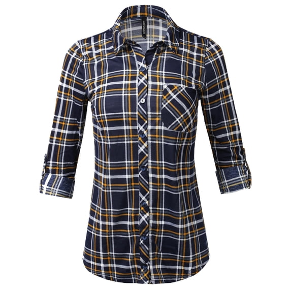FashionOutfit Women's Casual Lightweight Roll Up Long Sleeve Checker Button Down Shirt