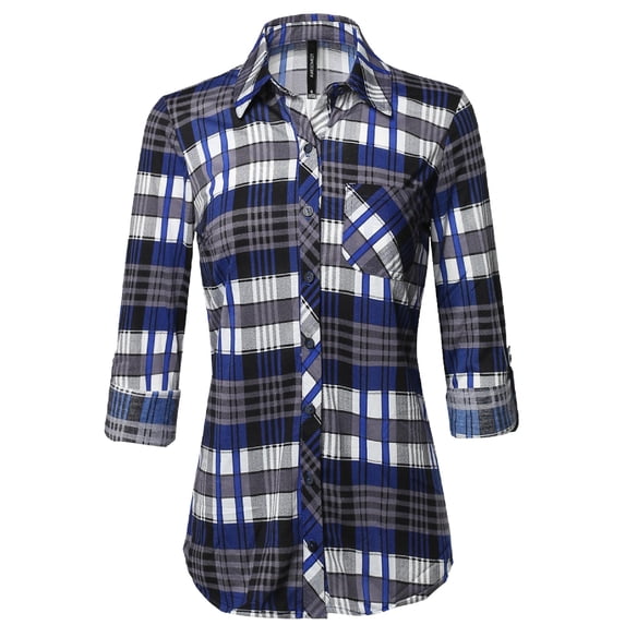 FashionOutfit Women's Casual Lightweight Roll Up Long Sleeve Plaid Button Down Shirts