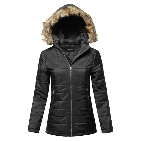 FashionOutfit Women's Casual Long Sleeve Quilted Padding Jacket with Detachable Faux Fur Hoodie