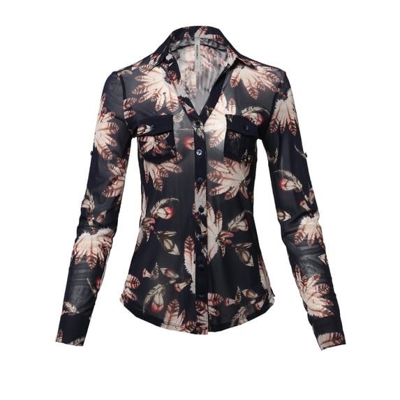 FashionOutfit Women's Casual Printed See-through Mesh Blouse Shirt