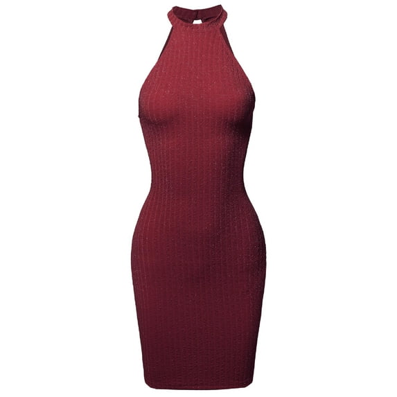 FashionOutfit Women's Casual Sexy High Neck Sleeveless Lurex Body-Con Mini Dress