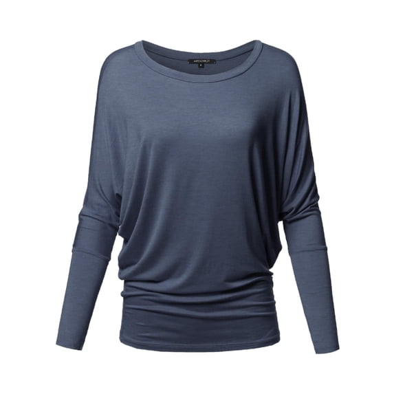 FashionOutfit Women's Casual Solid Boat Neck Long Dolman Sleeve Top - MADE in USA